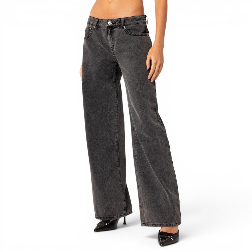 Edikted Women's Wide Leg Flare Jeans in Washed Charcoal